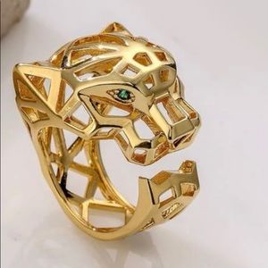 18K Gold Plated Green-Eye Panther Cuff Ring